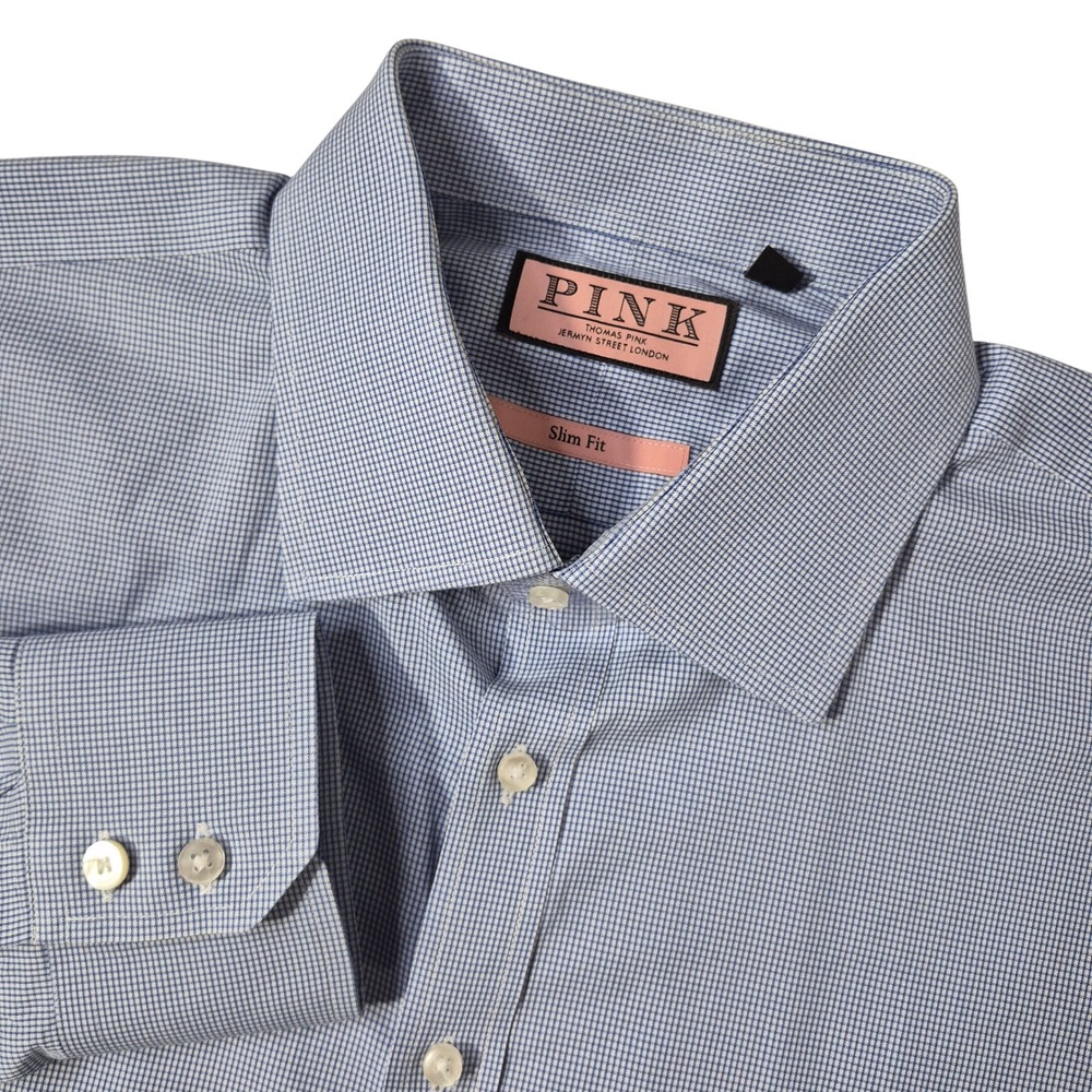 Thomas Pink Dress Shirt Mens 17.5 Blue Micro Check Slim Fit Long Sleeve Cotton
